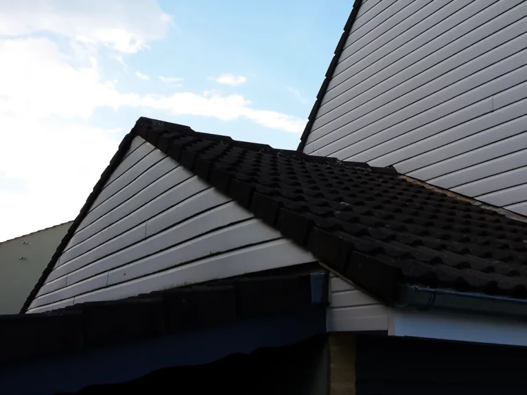 Bardage blanc d'un pignon vu en contre-plongée, sous la rive de toiture et le chéneau zinc.