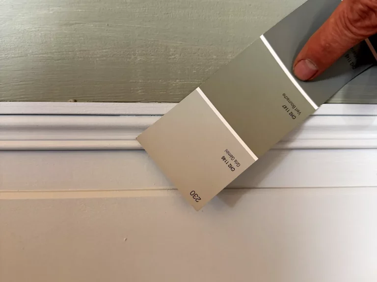 Main présentant un nuancier de gris devant une boiserie peinte vert d'eau pour valider la teinte avant application.