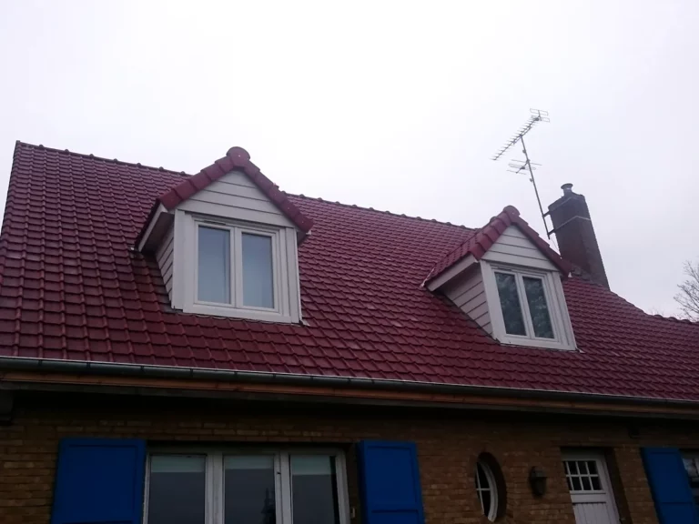 Couverture en tuiles neuves avec gouttière en zinc et joues de lucarnes refaites à neuf.